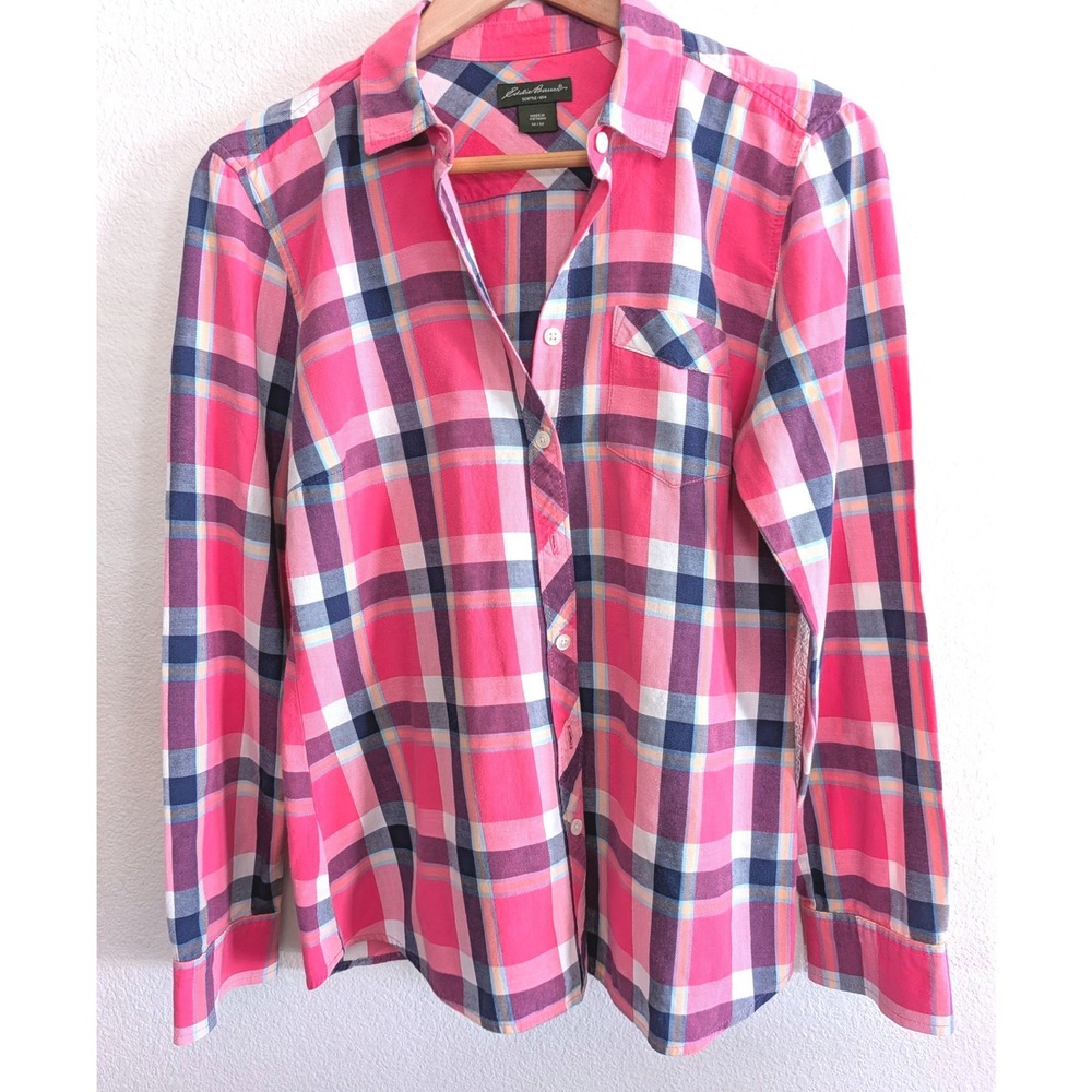 Eddie Bauer Pink Plaid Flannel Button Down Shirt Medium Cottage Coastal